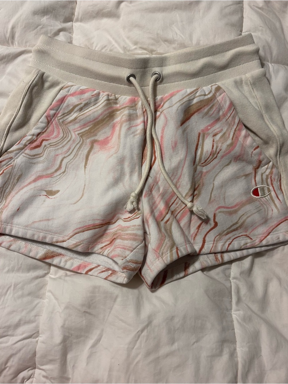 Champion Reverse Weave Marble Print Sweat Shorts Women’s Small Pink Cream